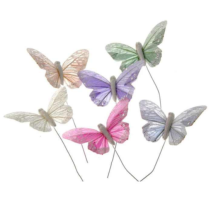 10 Pastel Sparkle Feather Butterflies - Peach, Green, Grey, Lilac, White & Pink (12pcs per pk on a 20cm wire)