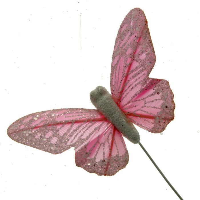 7cm Pastel Sparkle Feather Butterflies - Pink (12pcs per pk on a 20cm Wire)