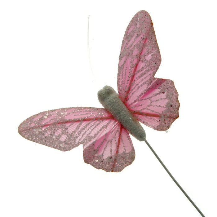 10 Pastel Sparkle Feather Butterflies - Pink (12pcs per pk on a 20cm Wire)