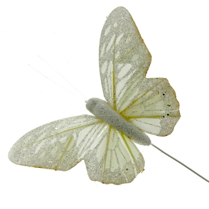 10 Pastel Sparkle Feather Butterflies - Cream (12pcs per pk on a 20cm Wire)