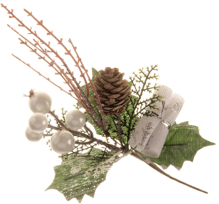 White Berry and Parcel Christmas Pick - White & Green (6pcs per pack, 2cm long)