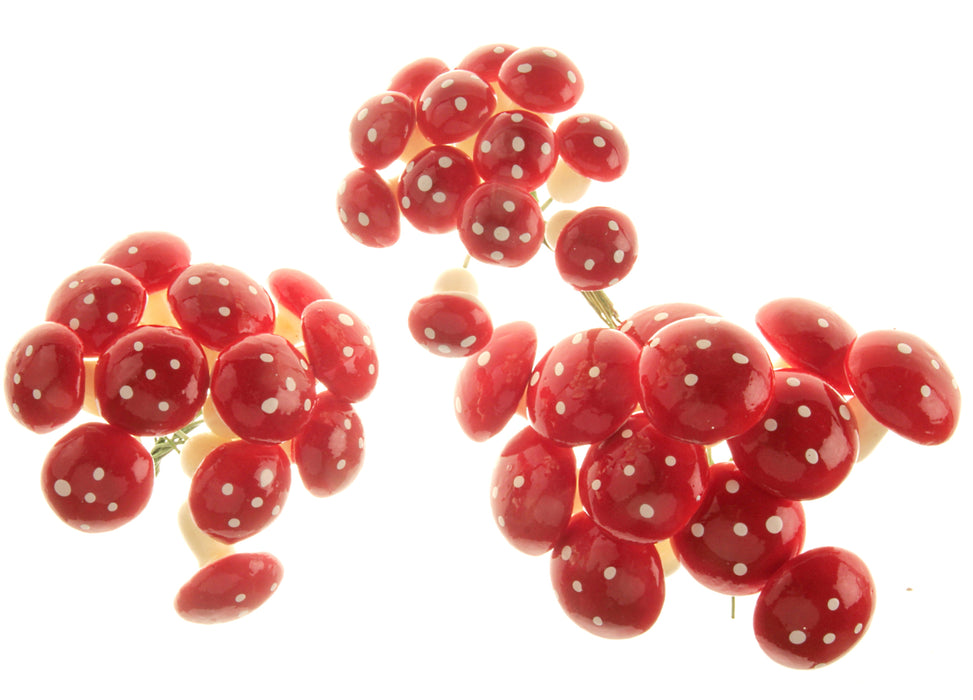 Mushroom On Wire - Red & White (3cm, 2.5cm & 2cm mushrooms on a 8cm wire. 12 pcs per size, total 36 pieces per pk)