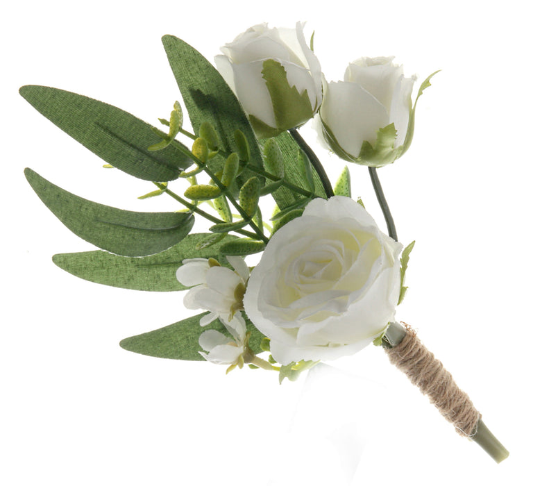 Triple Rose and Foliage Buttonhole - Green/White (21cm long, 6 pieces per pk)