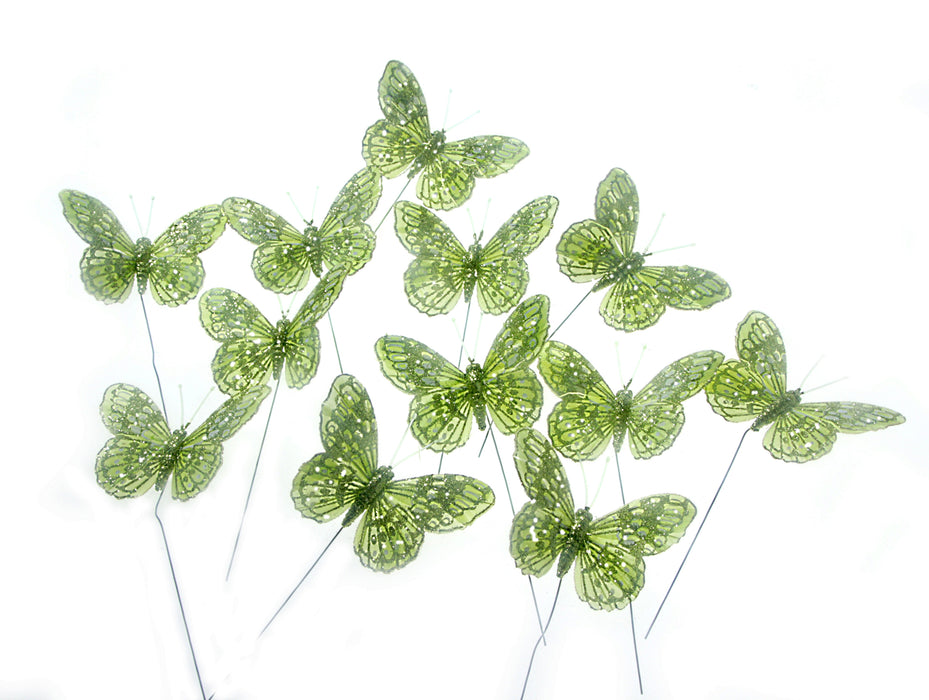 10cm Glitter Butterflies - Green (12pcs per pk, on a 20cm Wire)