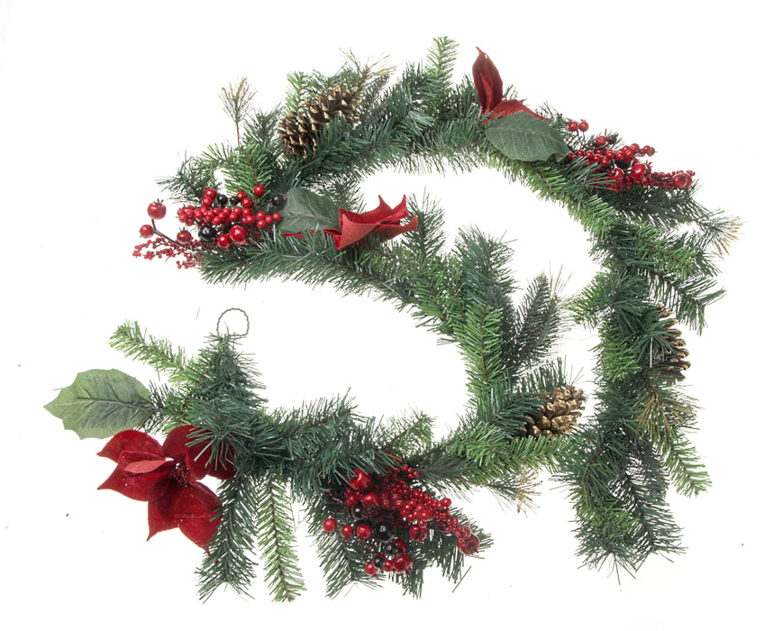 Poinsettia and Pinecone Garland with Berries - Red & Green (182cm long)