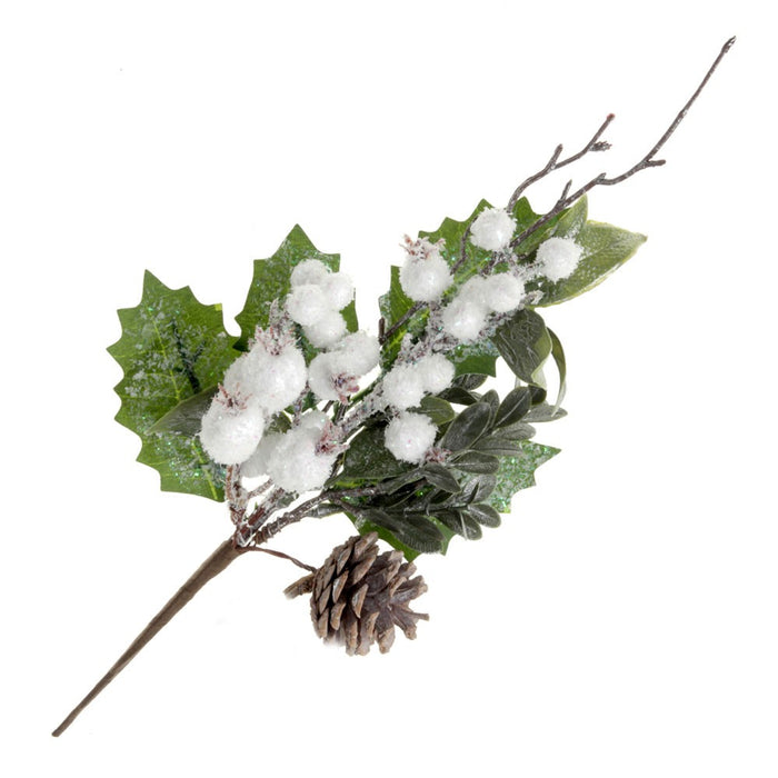 Snowy Pinecone and Mistletoe Spray- White & Green (37cm long)