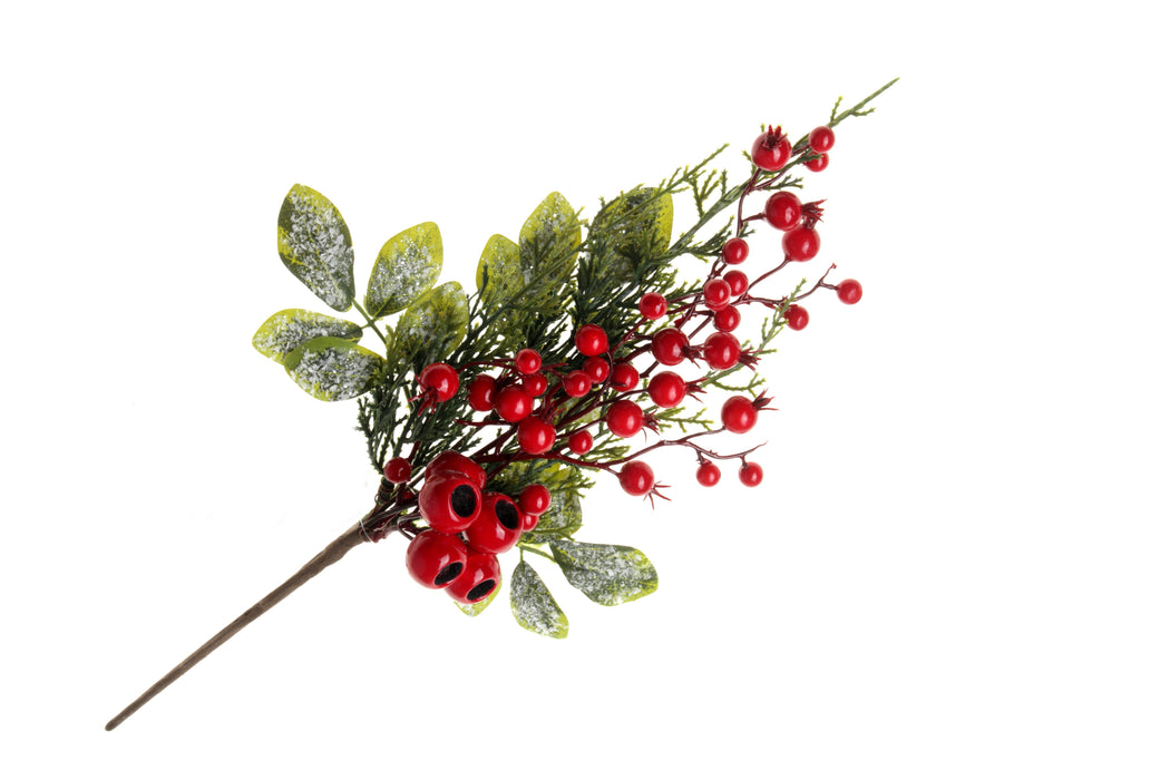 Red Berry and Foliage Spray - Red & Green (44cm long)