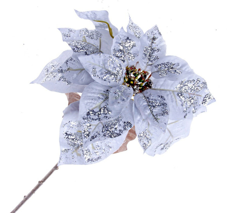 Single Glittered Poinsettia - Pale Blue (25cm diameter, 53cm long)