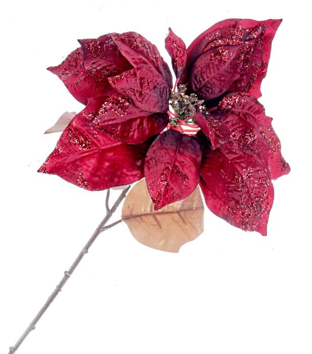 Single Glittered Poinsettia - Red (25cm diameter, 53cm long)