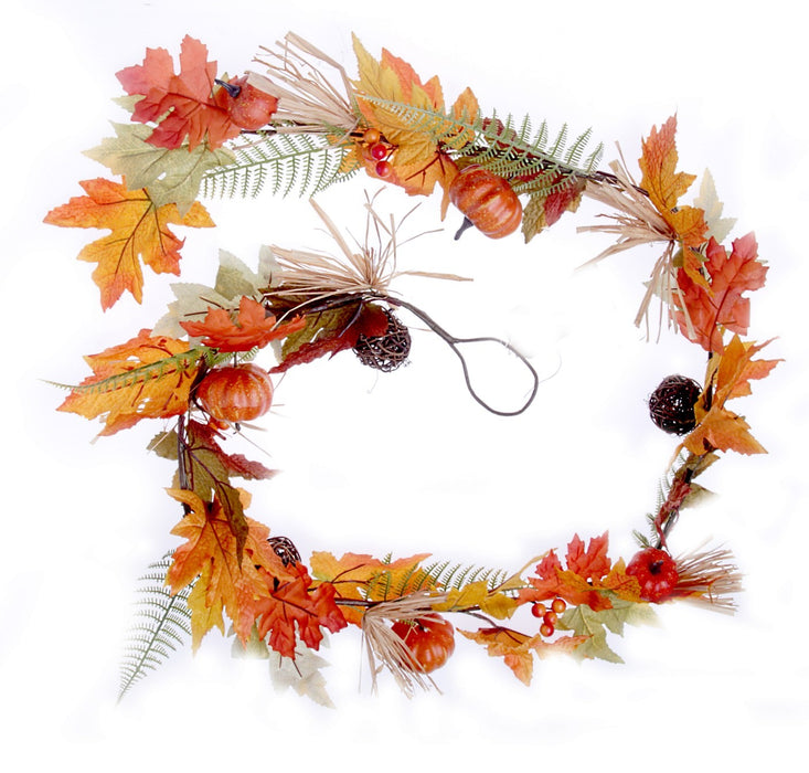 Maple Leaf & Pumpkin Autumn Garland - Orange/Green/Brown (182cm long)