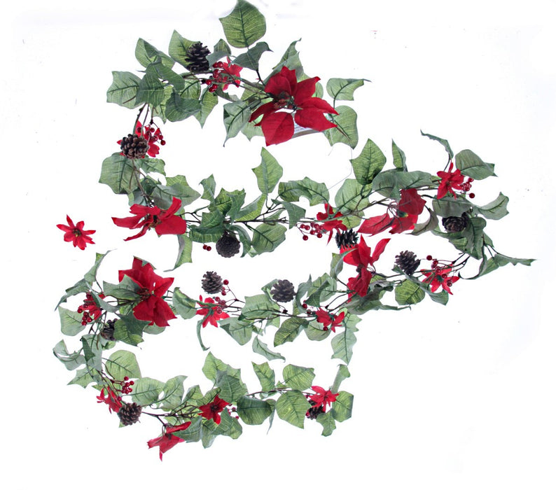 Poinsettia & Pinecone Garland - Green/Red/Brown (270cm long)