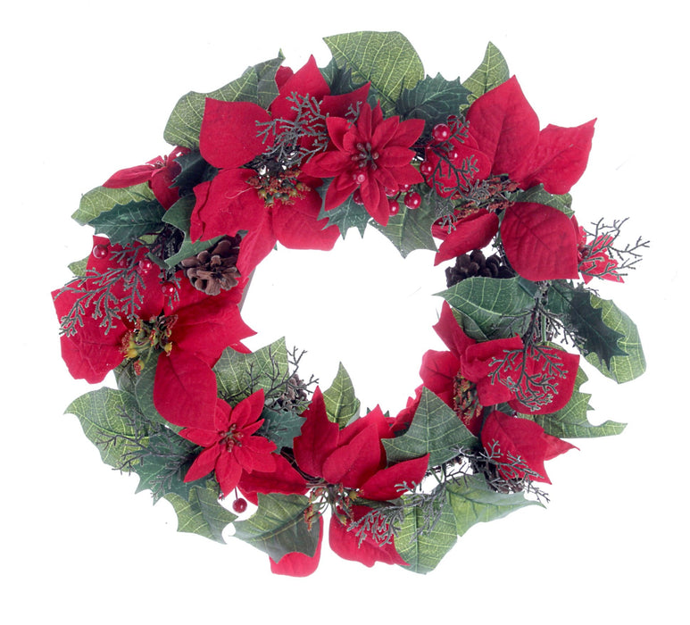 Poinsettia & Pinecone Wreath - Green/Red/Brown (40cm diameter)